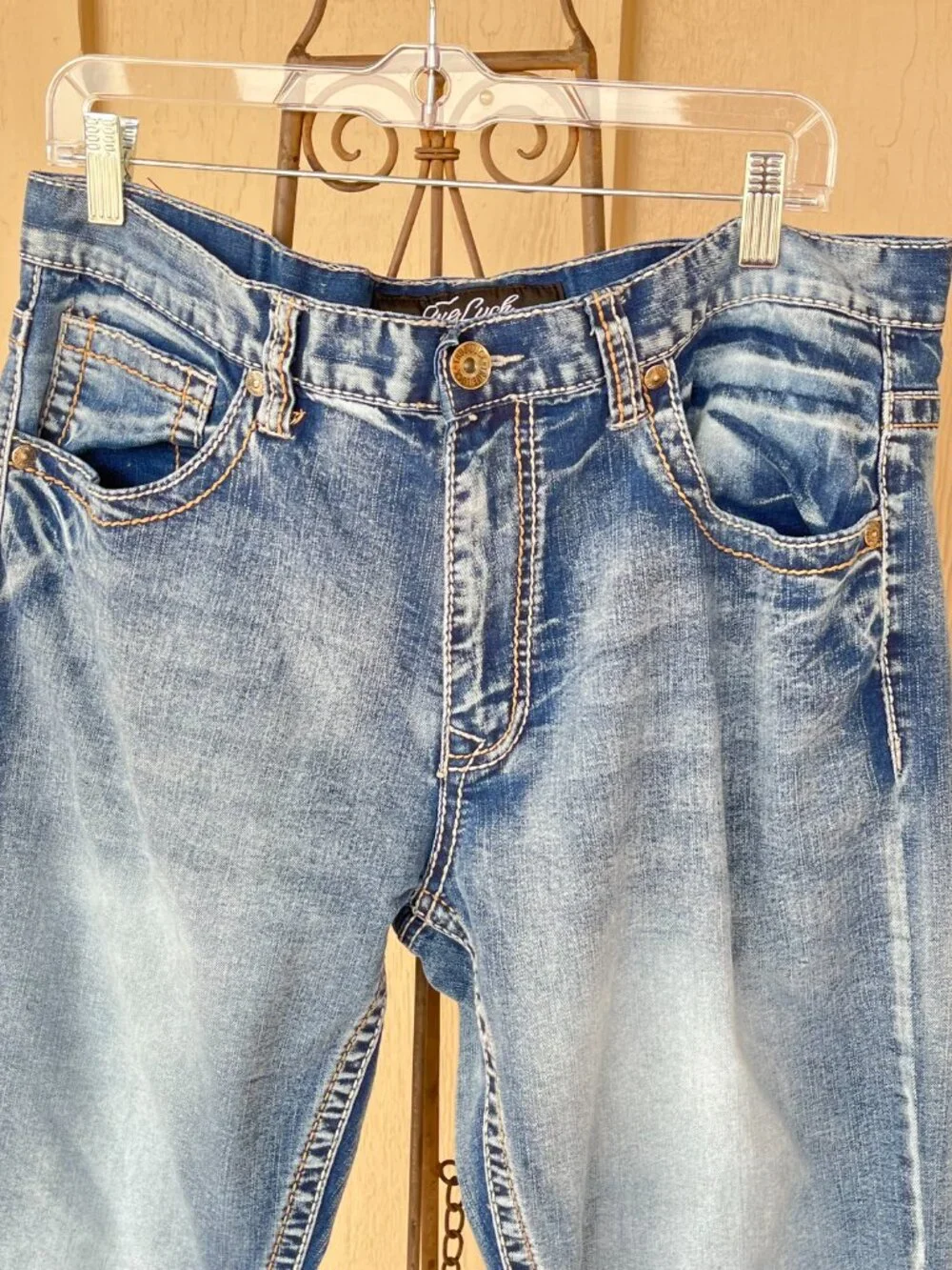 True Luck Mens Jeans Thick Stitch Denim Faded Wash Straight Leg Everyday 36x30